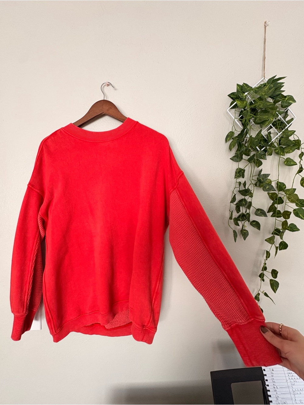 Aerie Red Crewneck Sweater with Ribbed Sleeves